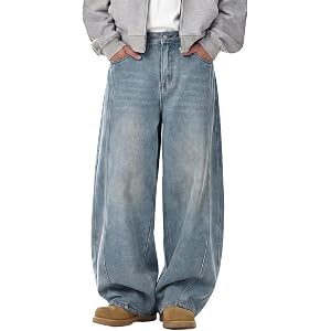Areant Mens Baggy Hip-Hop Jeans Wide Leg Loose Fit Denim Pants Y2K Vintage Streetwear Skater Jeans with Elastic Waist