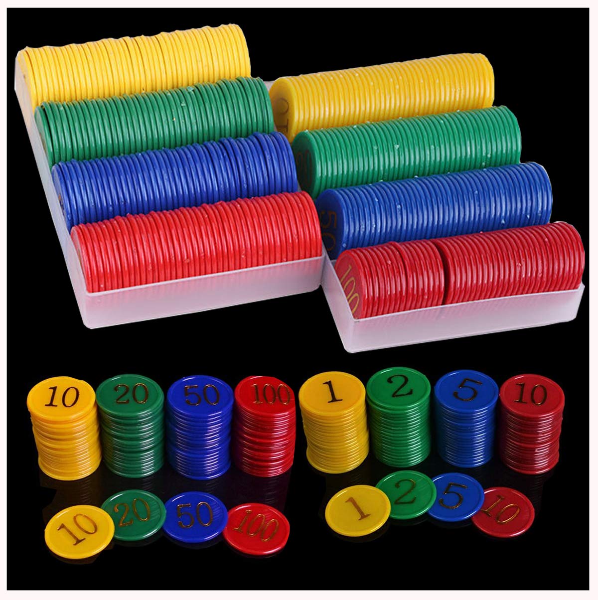 dancepandas Poker Chips With Values 320PCS Plastic Bingo Chips Counting Chips Game Chips for Math Practice and Poker Chips Game - Number 1/2/5/10/20/50/100