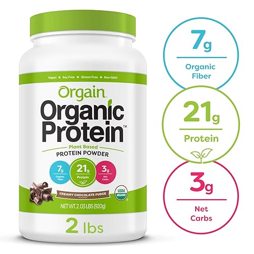 Orgain Organic Plant Based Protein Powder, Creamy Chocolate Fudge - Vegan, Low Net Carbs, Non Dairy, Gluten Free, Lactose Free, No Sugar Added, Soy Free, Kosher, Non-GMO, 2.03 Pound