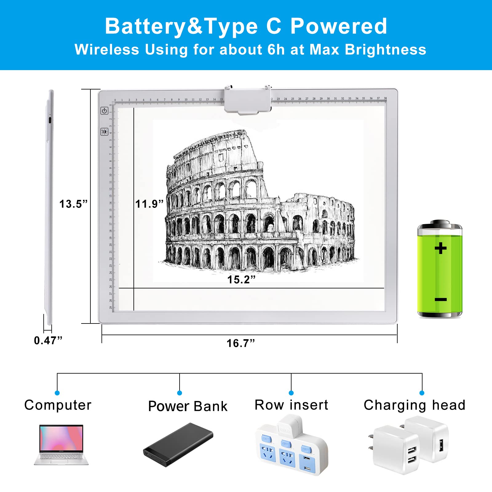 A3 Rechargeable Light Pad with Case, TOHETO 2500mAh Battery Powered Light Board with Stand and Top Magnetic Clip 3 Colors Stepless Dimmable 6 Levels Brightness Light Box for Diamond Painting (White)