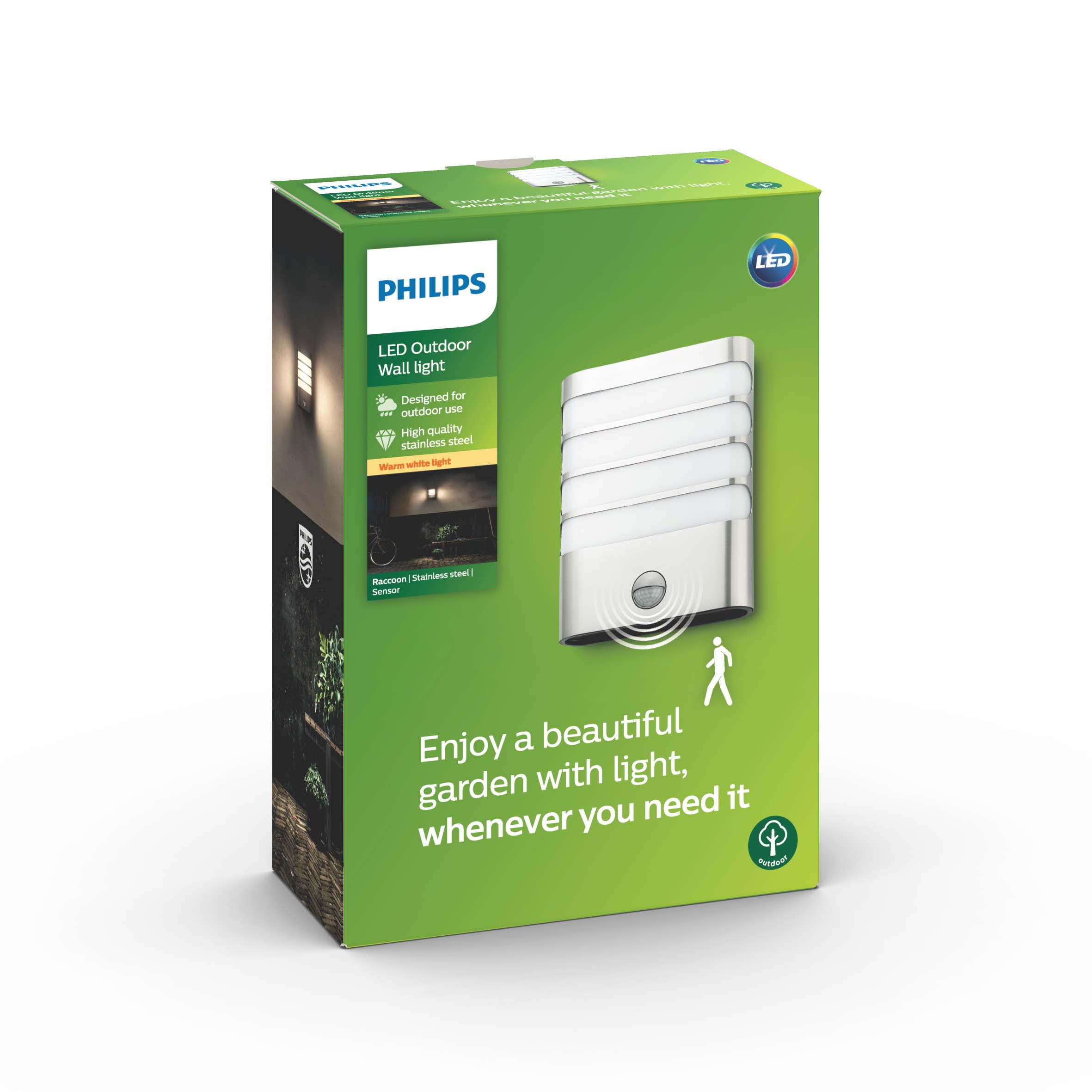Philips myGarden Raccoon LED Wall Light with Motion Sensor [Inox] 3.5 W Integrated LED For Garden and Patio Lighting