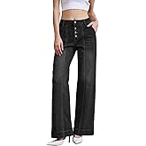 Menbnua Women's Straight Leg Dad Jeans Seamed Front Stretchy Tummy Control Wide Leg Baggy Pocket Denim Pants