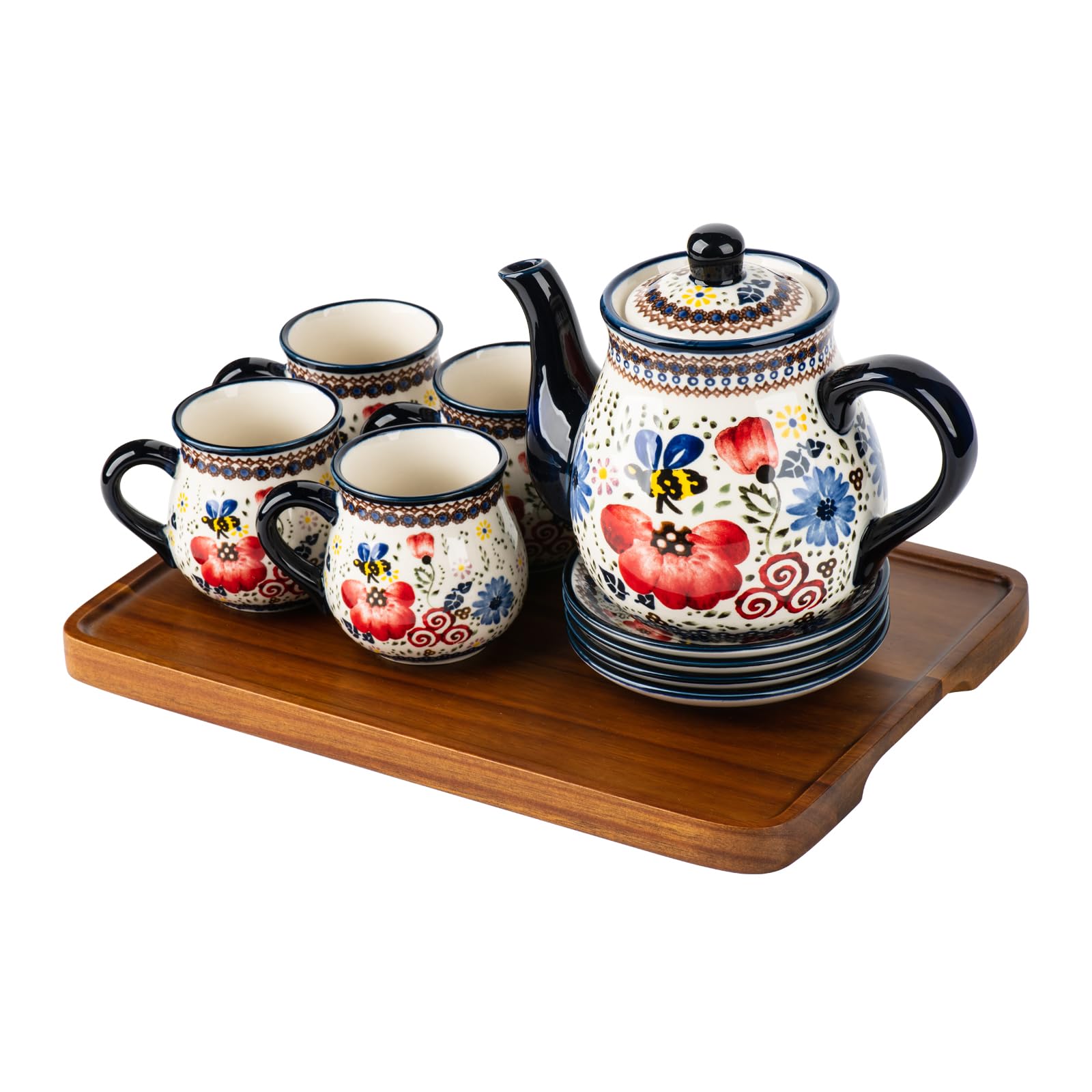 Photo 1 of ONECCI polish pottery style porcelain ceramic 10 piece Tea set,7.2oz tea cup and sauce set of 4,28.2oz teapot and 1wooden tray (Honey Bee Flower)