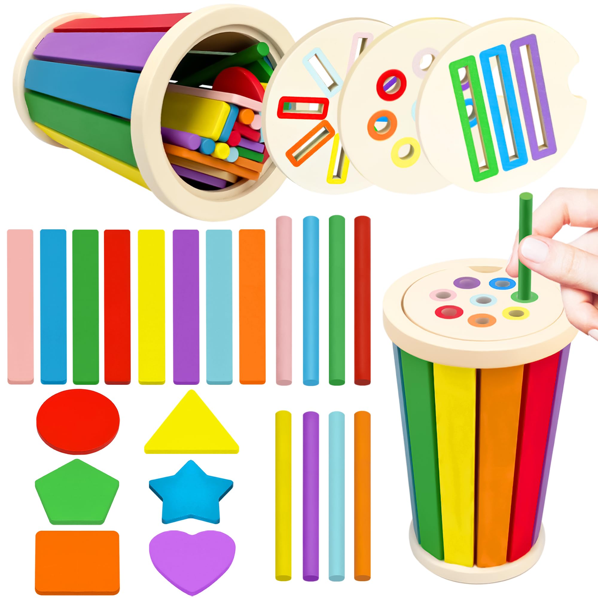 Montessori Toys for 1 2 3 Year Olds Boys Girls, 3 in 1 Wooden Shape Color Sorting Toddler Travel Toy 12 to 36 Months, Educational Sensory Learning Toys, Holiday Birthday Gifts for Kids (Original)