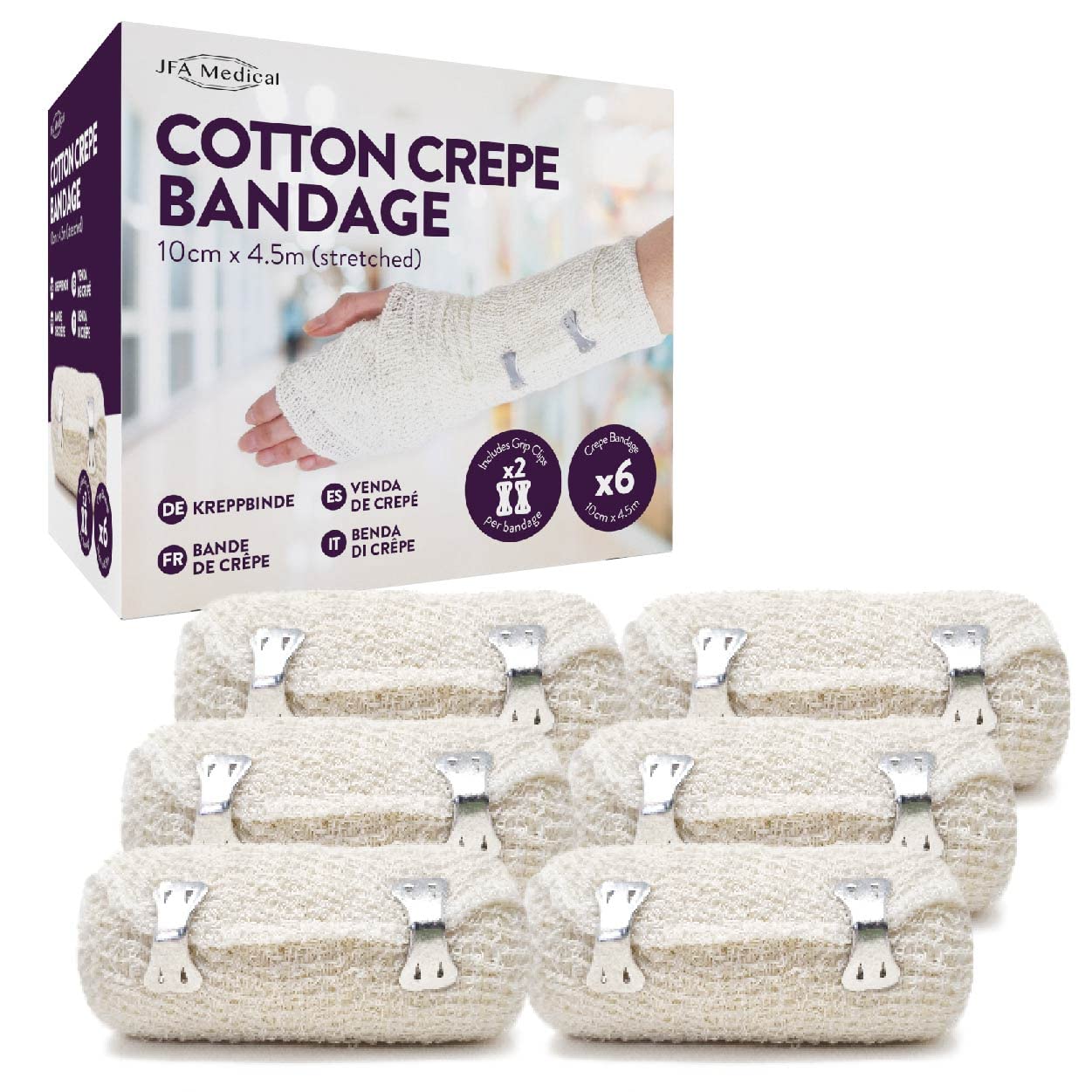 JFA Medical Cotton Crepe Bandages 10cm x 4.5m - Box of 6