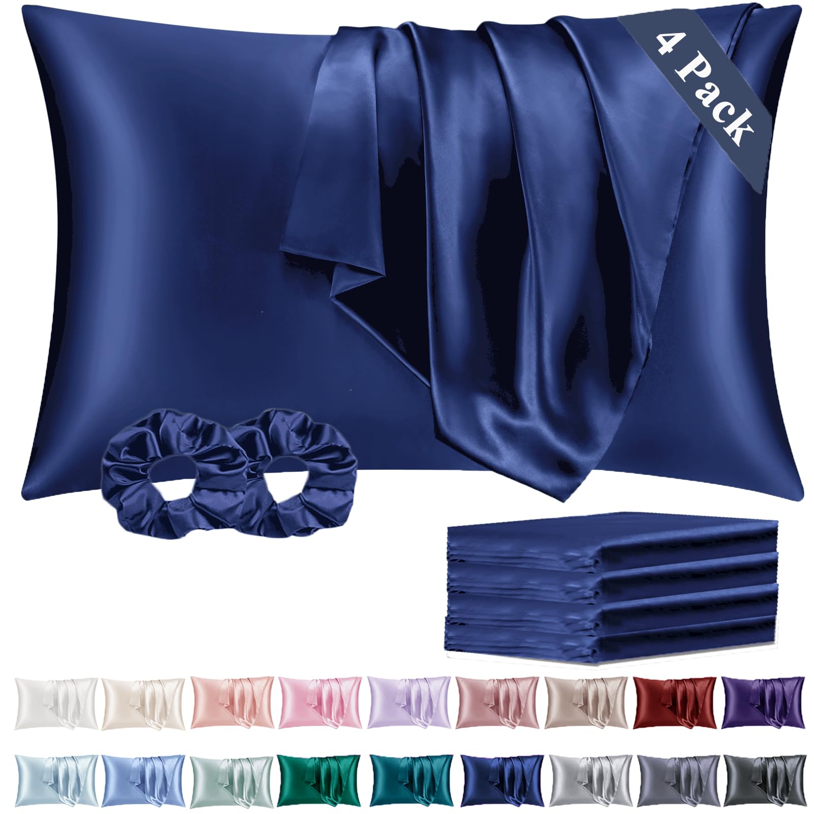 Vielit Satin Pillowcase for Hair and Skin Cooling,Soft as Silk Pillowcase for Hair and Skin,Easier Care than Silk Pillow Cases 4 Pack Navy 50x75cm Gifts for Women Envelope & 2 Scrunchies