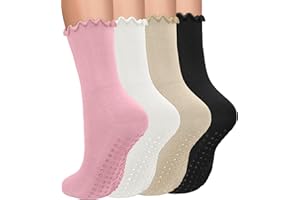 yeuG Pilates Socks with Grips for Women Non Slip Grip Crew Socks with Ruffle for Yoga, Barre, Ballet, Barefoot Workout