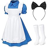 Horsopia Costume,Blue Dress with Detachable Apron Puff Sleeve Bow Headband and Stockings
