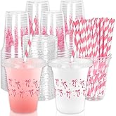 JarThenaAMCS 50Pcs Pink Bow Disposable Plastic Cups with Lids and Straws 12oz Cute Bow Heart Cold Beverage Drinking Cups for Bridal Shower Wedding Birthday Party Supplies