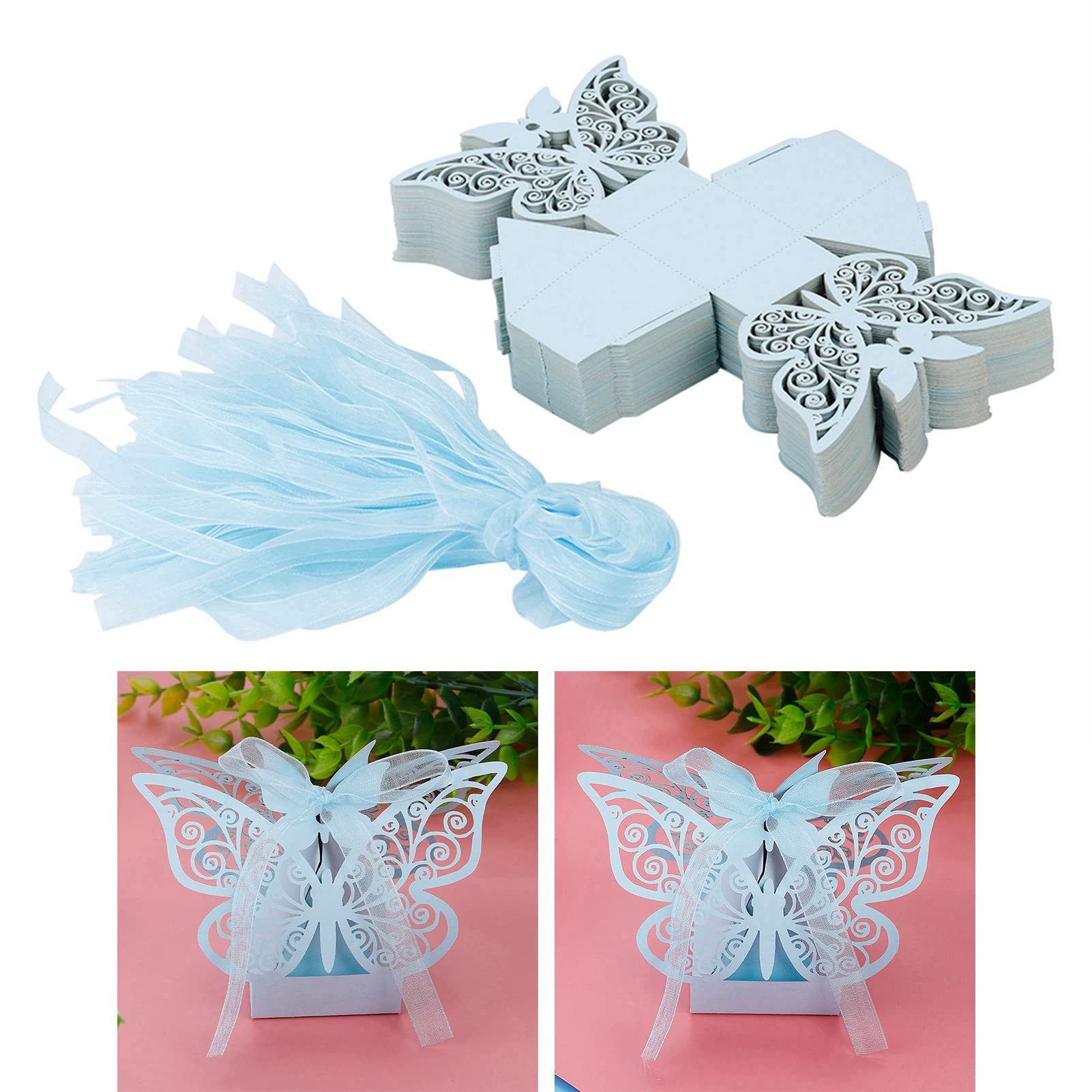 100PCS Wedding Favor Sugar Chocolate Boxes Butterfly Hollow Candy Box Cookie Gift Boxes for Wedding Bridal Birthday Party Supplies (Light Blue)