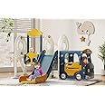BIERUM 5 in 1 Toddler Slide and Swing Set, Kid Slide for Toddlers Age 1-3, Bus Themed Baby Slide with Basketball Hoop, Indoor Outdoor Slide Toddler Playset Toddler Playground Blue Yellow