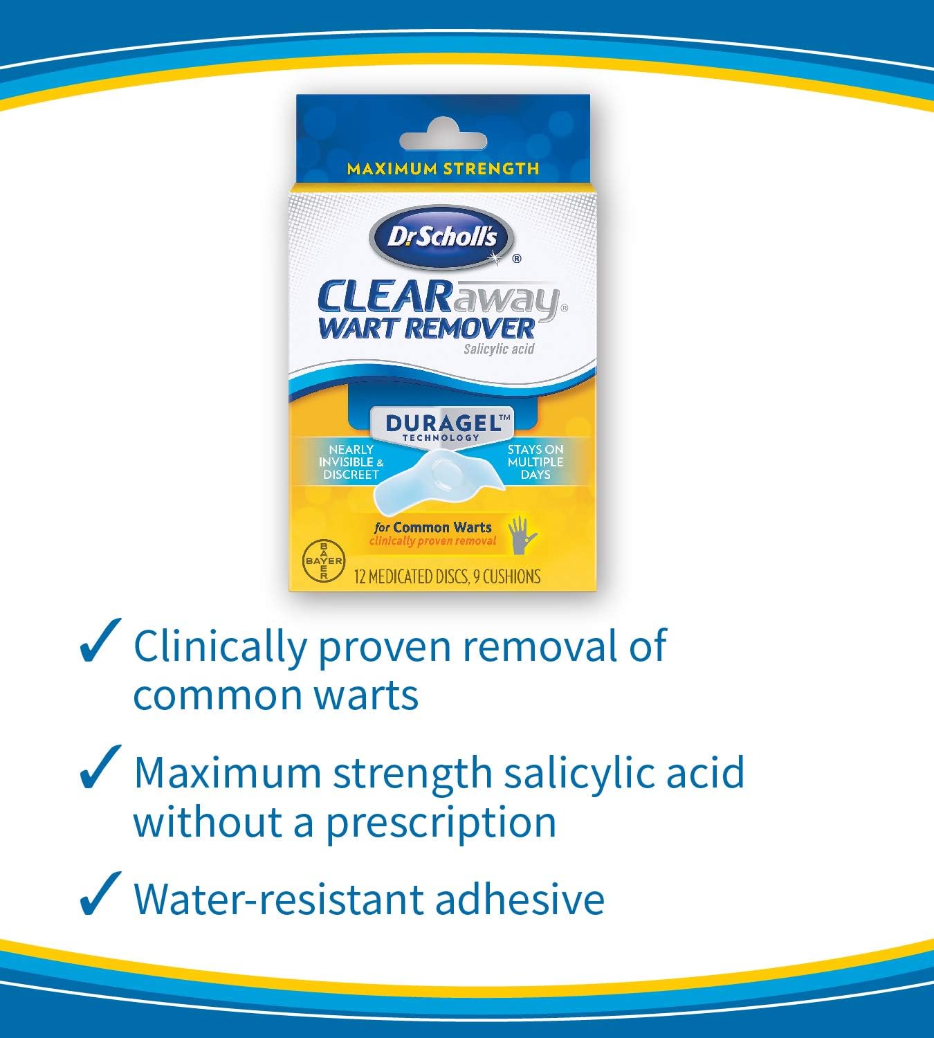 Dr. Scholl's ClearAway Wart Remover with Duragel Technology, 9ct / Clinically Proven Wart Removal of Common Warts with Discreet Thin and Flexible Cushions, Optimal for Fingers and Toes: Health & Personal Care