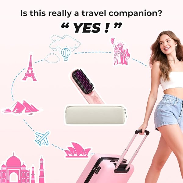 CORDLESS HAIR STRAIGHTENER BRUSH – PORTABLE HAIR STRAIGHTENING BRUSH FOR TRAVEL – 300M NEGATIVE IONS FOR FRIZZ-FREE SHINE, TOUCH UP ON-THE-GO, FAST HEATING, GIFT FOR WOMEN, 10,000MAH, POWDER PINK
