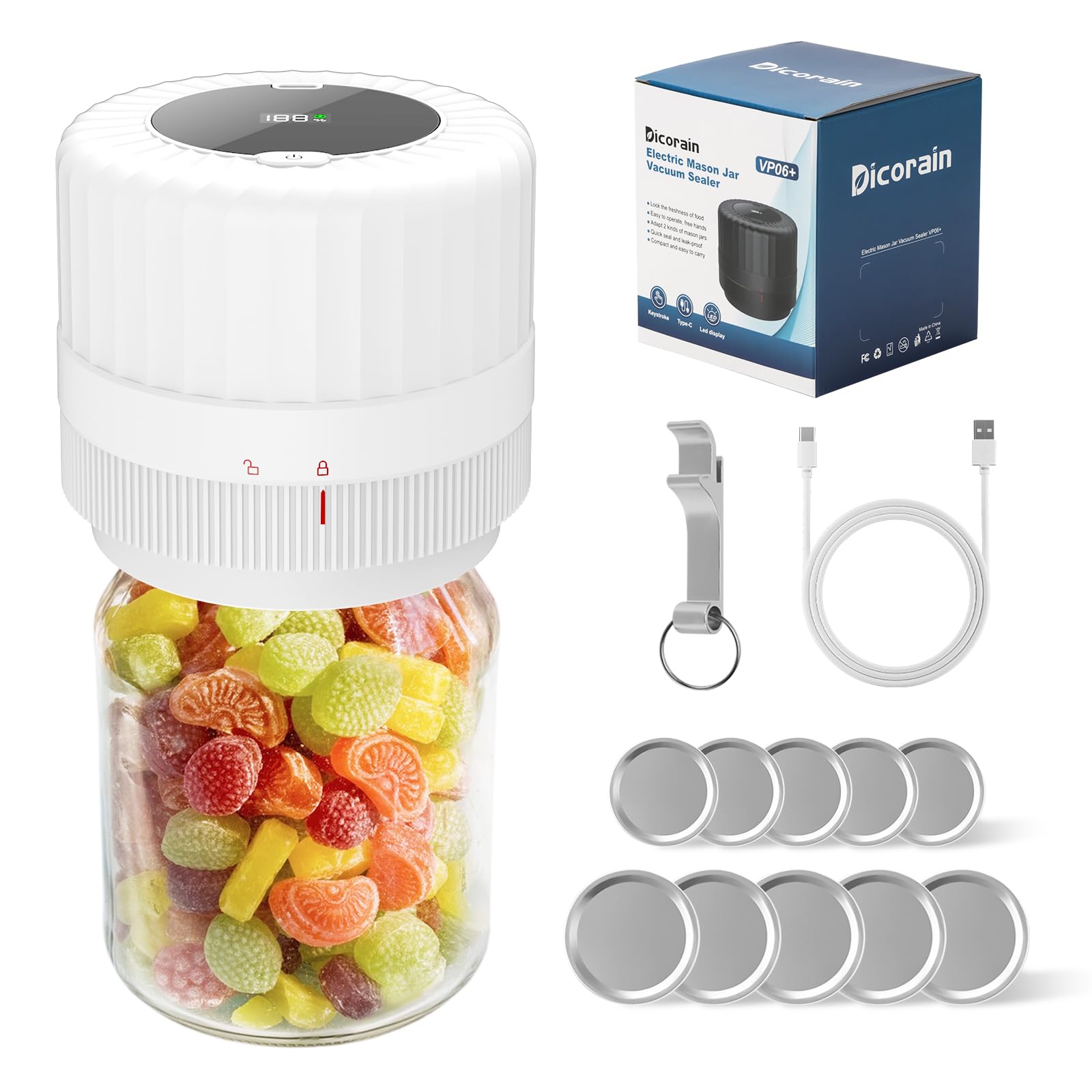 Photo 1 of Electric-Mason-Jar-Vacuum-Sealer, Automatic Wide Mouth and Regular Mouth Mason Jar Vacuum Sealer Kit, VP06+ Vaccum Sealer for Jars with Opener & 5 Pairs of Lids (White)