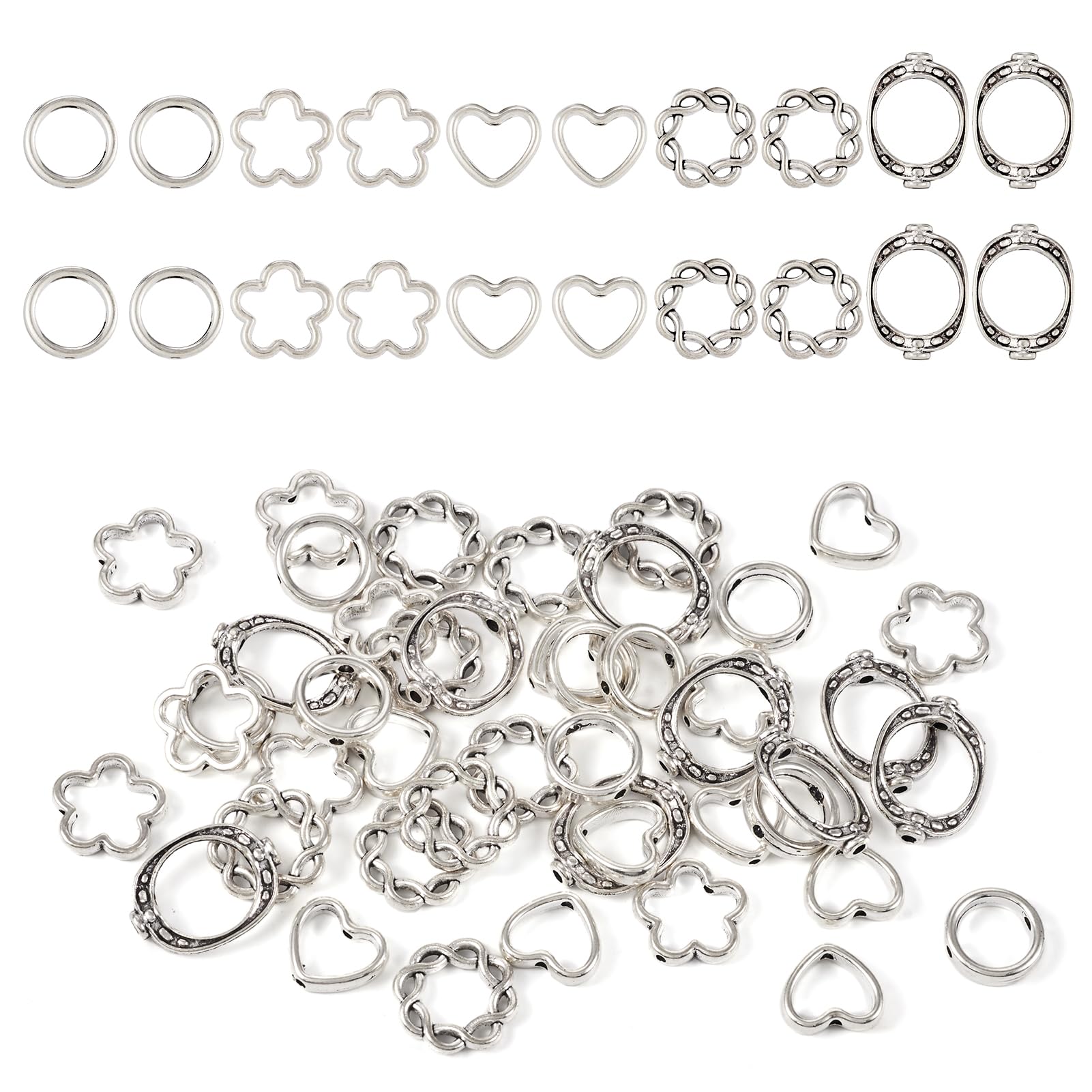 Bestewelry 50pcs Tibetan Alloy Bead Frame with 2-Holes 4/6/8mm Antique Silver Metal Bead Frame Blank Flower Heart Bead Frame Twist Flower Charm for Beading Earring Bracelet Necklace