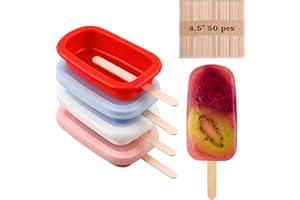 Sakolla 4 Pcs Silicone Popsicle Molds with Lid and 50 Pcs Wooden Popsicle Sticks, Multicolor Stackable Classic Oval Ice Cream