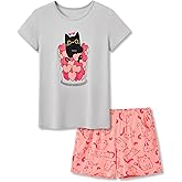 Tebbis Little & Big Girls Striped & Cat Pajama Set - Soft Modal Fiber 2-Piece Summer PJ’s in Sizes 6-18