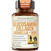 Glucosamine Chondroitin MSM with Hydrolyzed Collagen Peptides - Joint Support Supplement with Quercetin, Bromelain & Boswellia Extract - Collagen pills for Hair Skin Nails - FSA Eligible 120 Caps