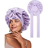Satin Bonnet for Sleeping Women Silk Sleep Bonnet for Curly Hair Wrap with Elastic Tie Band Night Cap Light Purple