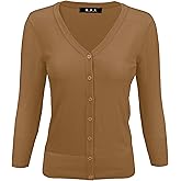 YEMAK Women's Knit Cardigan Sweater – 3/4 Sleeve V-Neck Basic Classic Casual Button Down Soft Lightweight Top (S-3XL)