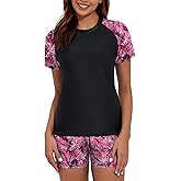 Bonneuitbebe Women's 2 Piece Rash Guard Short Sleeve UPF 50+ Swim Shirt Built in Bra Bathing Suit with Boyshorts Bottoms