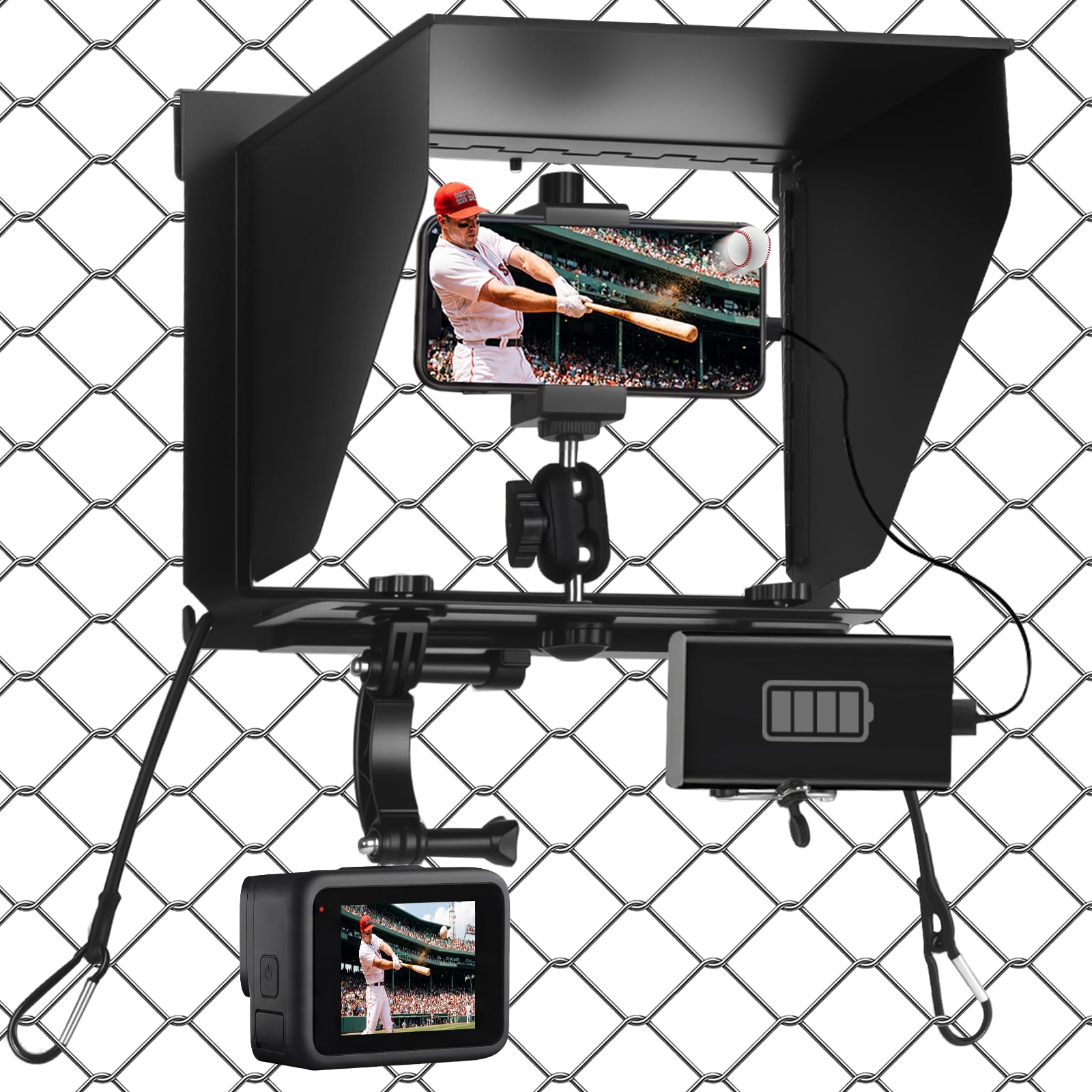 Foldable Cell Phone Fence Mount with Shade - Game Changer Mounting Kit for iPhone, GoPro, Mevo Start, Insta360 & Other Action Cameras, Perfect for Recording Baseball, Softball & Tennis Games