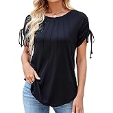 BellaDila Womens Summer Casual Short Sleeve Tops Crew Neck Pleated T Shirts Blouses Drawstring Cap Sleeve Tee Tunic 2025