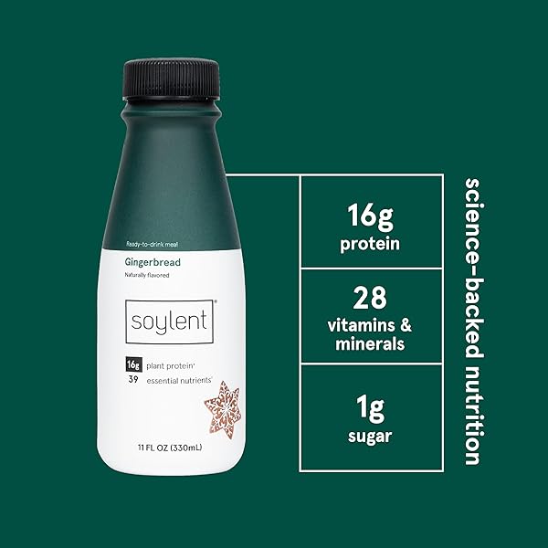 SOYLENT COMPLETE MEAL REPLACEMENT SHAKE, GINGERBREAD, 16G COMPLETE PROTEIN, READY-TO-DRINK PLANT BASED PROTEIN DRINK, 1G SUGAR, 11OZ (4 PACK)