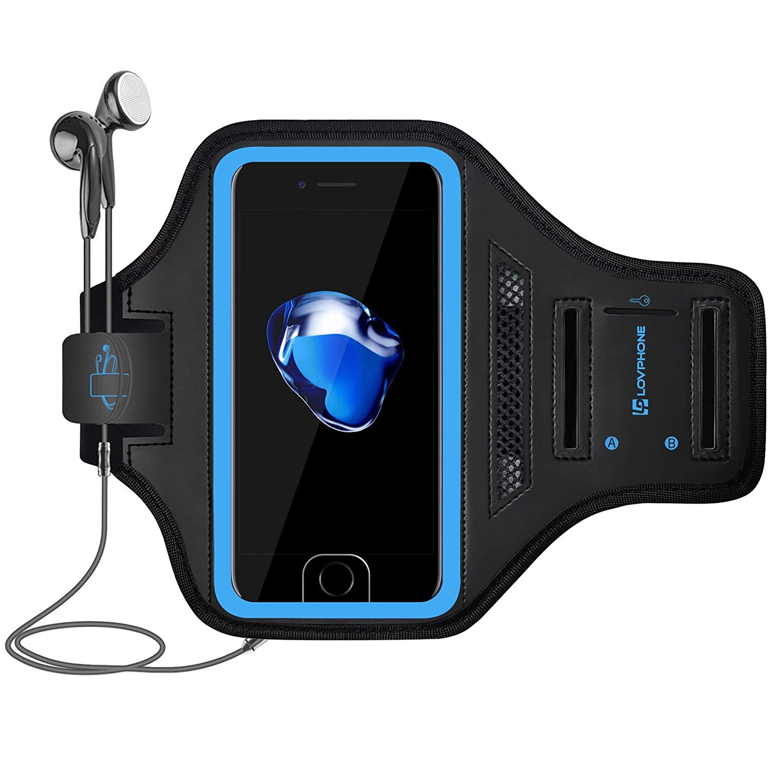 LOVPHONE Man/Women Running Sport Armband for iPhone 7/8 Plus Suitable for Gym Workout w/Kickstand Key Bag Earbuds Holder Card Slot Case, Water Resistant (Blue)