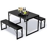 Bealife Dining Table Set for 4 with Metal Frame and MDF Board - Black | Space Saving Kitchen Table with 2 Benches, Kitchen Table Set for Apartment, Dining Room, Breakfast Nook