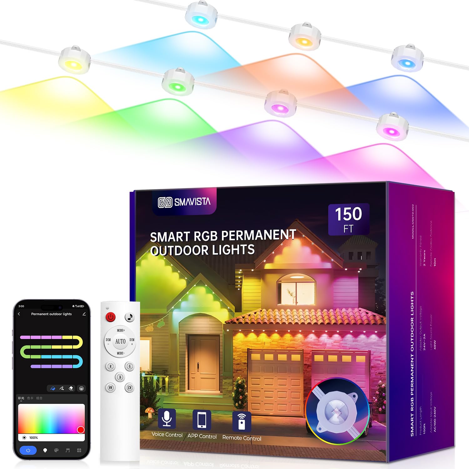 Photo 1 of ***MISSING REMOTE*** SMAVISTA Smart Permanent Outdoor Lights, 150ft with 108 LED RGB String Lights, IP67 Waterproof Eaves Light with 44 Scene Modes for Halloween Christmas Birthday Holiday Party, APP/Voice/Remote Control
