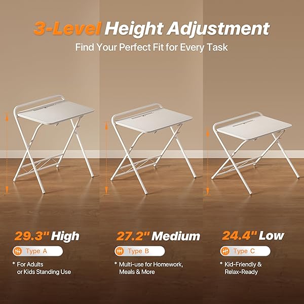 HUUGER FOLDING DESK WITH 3-LEVEL ADJUSTABLE HEIGHT AND TABLET SLOT, 24 INCH FOLDABLE COMPUTER DESK FOR SMALL SPACES, SPACE SAVING, WRITING WORK TABLE FOR HOME OFFICE, BEDROOM, STUDY, WHITE