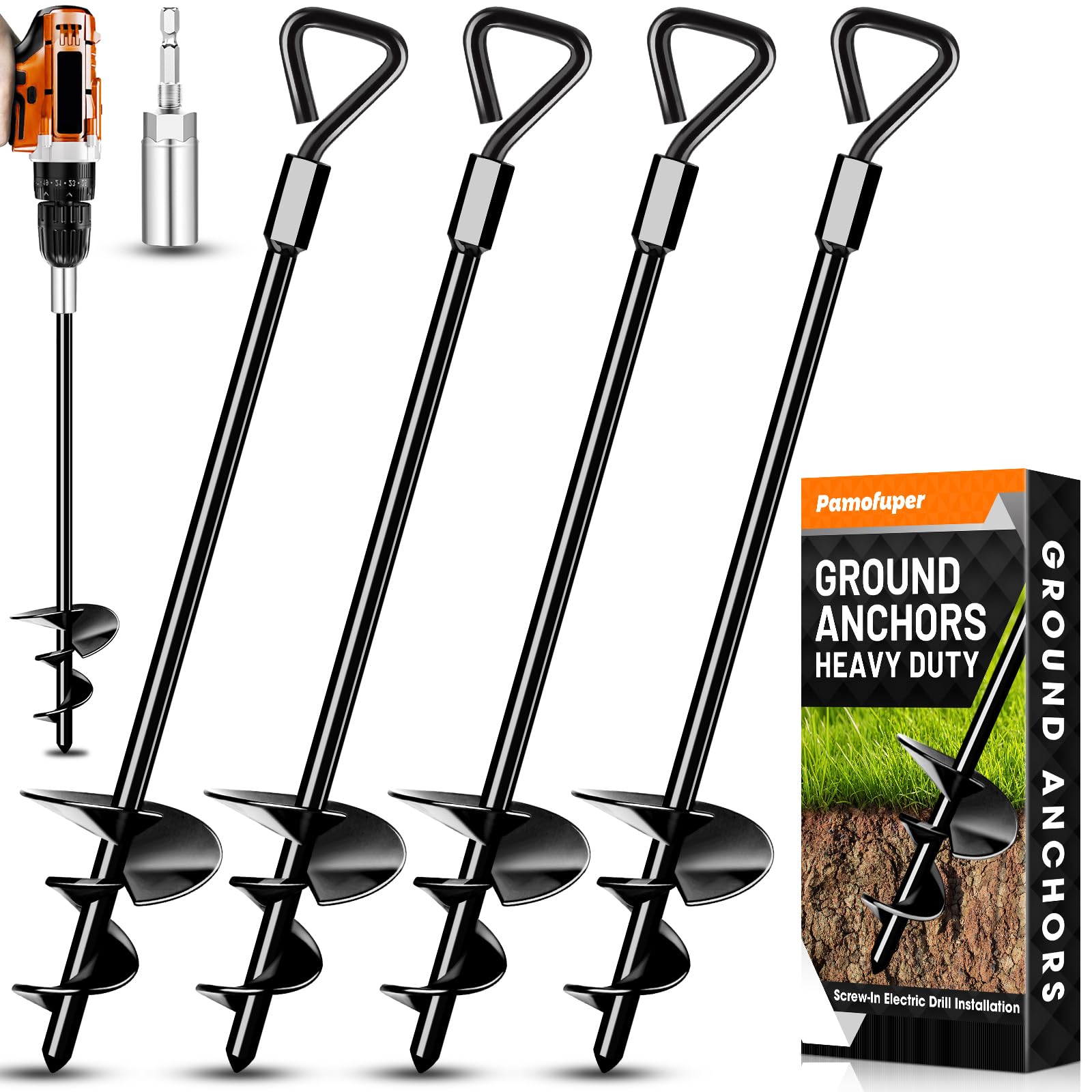 Ground Anchors Tent Stakes Trampoline Anchors Heavy Duty Screw in, Tent Stakes High Winds Heavy Duty for Camping Tent, Canopies, Carports, Sheds, Swing Sets,14in Ground Anchors (4 Pack X14in)