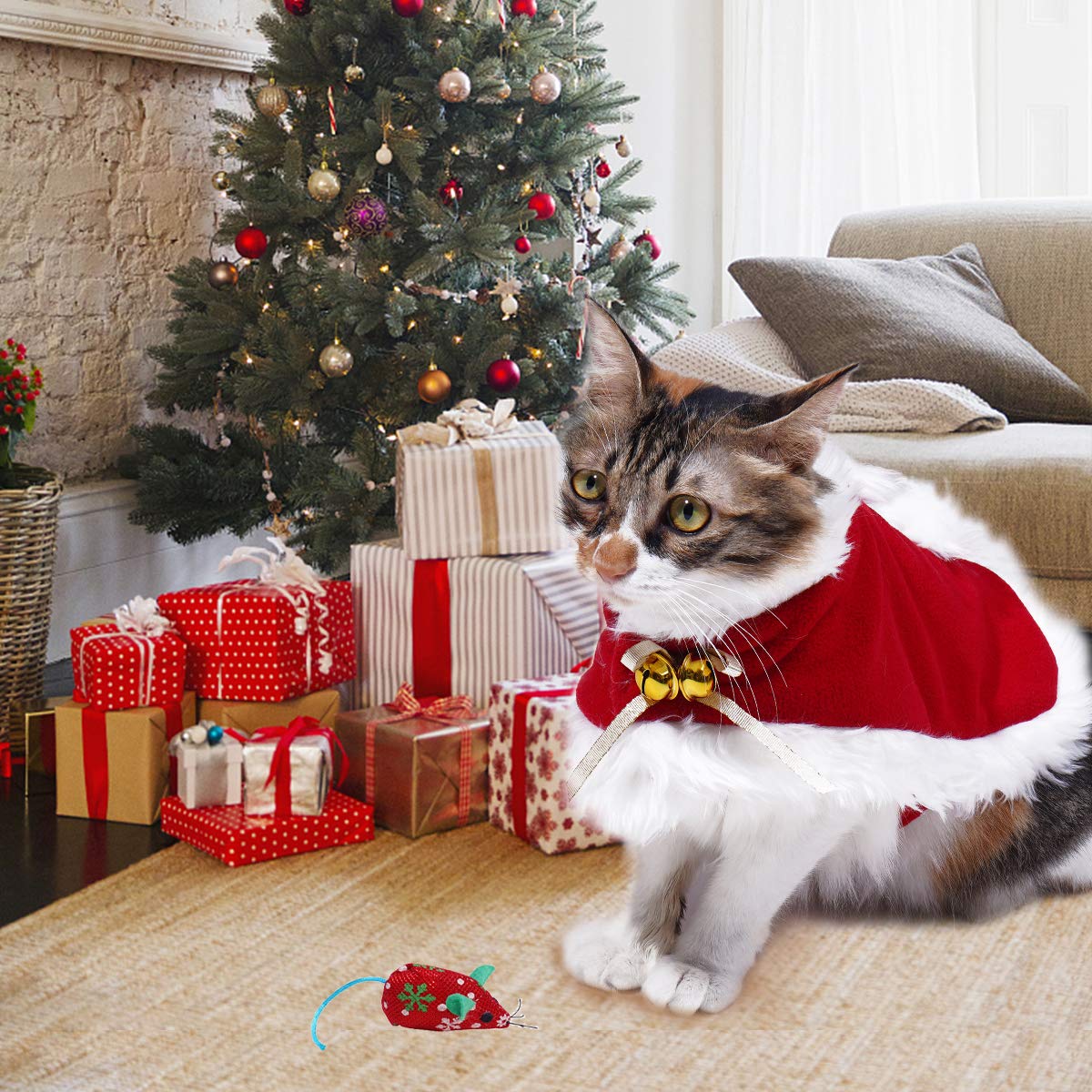 Cat Christmas Costume Adjustable Pet Cat Santa Clothes Cloak with Bells