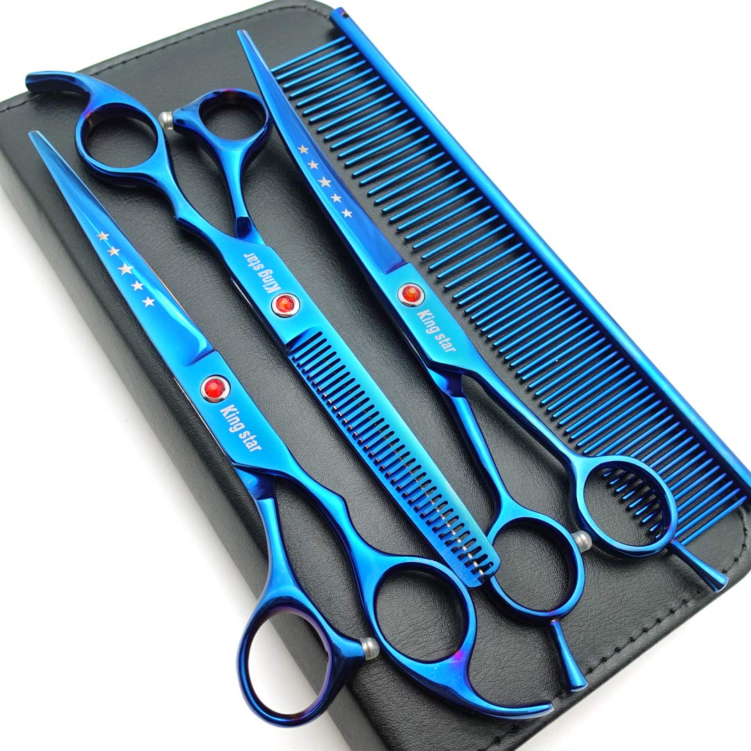 7.0 inch Titanium Professional Pet Grooming Scissors Set, Straight & Thinning & Curved Scissors, 3-Piece Set for Dog Grooming, A350 (Blue)
