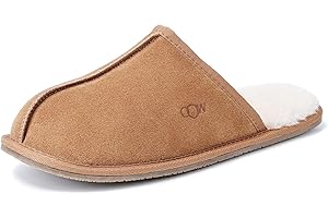 OOW Mens Slippers Genuine Suede House Slippers for Men Cozy Fuzzy Memory Foam Shoes Outdoor Non-Slip Fall Winter Footwear