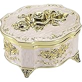 ELLDOO Vintage Music Box, Beige Metal Musical Jewelry Box Keepsake Box, Small Trinket Storage Organizer Jewelry Storage Box Gift for Girl Women (Tune: You are My Sunshine)