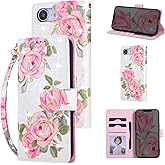 UEEBAI Wallet Case for iPhone 16e, PU Leather Phone Cover Kickstand RFID Blocking Flip Case Card Slots Wrist Strap Relief Engraved Pattern Magnetic Closure Flower Folio Wallet, White Rose