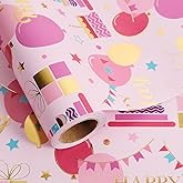 Aimyoo Pink Birthday Wrapping Paper Roll - 17 Inch X 32.8 Feet - Gold Foil Celebration Cake, Balloon, Happy Birthday Lettering Design Gift Wrap for Kids, Baby Showers