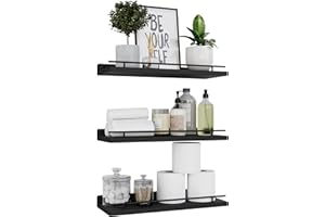 WOPITUES Floating Shelves with Black Metal Guardrail, Shelves for Wall Decor Set of 3, Wall Shelves for Bedroom, Bathroom, Kitchen, Living Room, Plants, Picture Frames, Art- Black