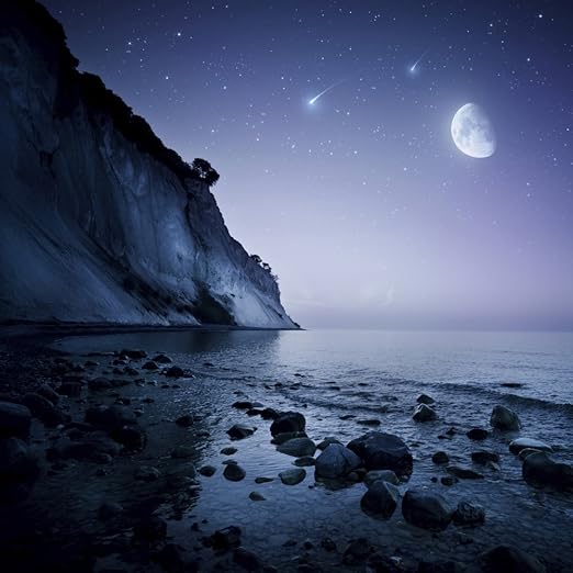 Amazon Com Rising Moon Over Ocean And Mountains Against Starry Sky And Falling Meteorites Poster Print 14 X 14 Posters Prints