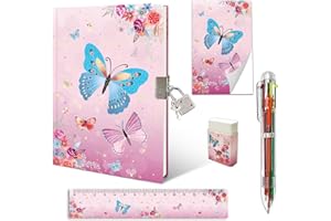 GINMLYDA Girls Diary with Lock, Kids Journal Stationary Set for PreSchool Teen Learning Writing Drawing Age 6,8,10,12 Years Butterfly Gift with Notebook Memo NotePad 6 Multicolored Pen Ruler Sharpener Eraser