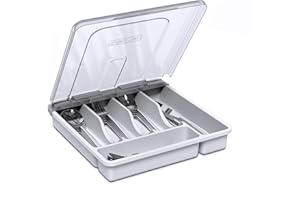 YICOCHI Utensil Holder for Countertop with Lid, Plastic Silverware Tray for Drawer, 5 Compartments Flatware Organizer, White