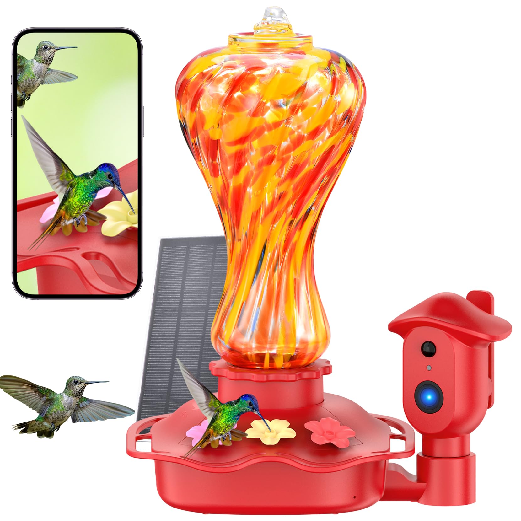 Photo 1 of Solar Hummingbird Feeder with Camera,Smart Glass Hummingbird Feeders for Outdoor Hanging,2K HD Bird Feeder,AI Identifies&Auto Recording,Hand-Blown Glass,Ant & Bee Proof,Ideal Gift for Bird Lovers 