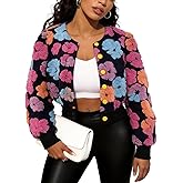 Flygo Women's Cropped Floral Print Bomber Jacket Warm Fleece Varsity Jacket Casual Button Down Puff Sleeve Coat Outerwear