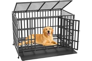 HIWOKK Heavy Duty Indestructible Dog Crate 48 Inch with Removable Tray, Sizes & Colors Optional, Escape Proof Double Door High Anxiety Cage Indoor, Kennel with Wheels for Large Dogs, XL XXL XXL