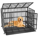 Hiwokk 48 Inch Heavy Duty Dog Crate, Indestructible Escape-Proof Dog Kennel for High Anxiety Large Dogs, Strong Metal Pet Cage with Double Doors, Lockable Wheels & Removable Tray, XL XXL XXXL