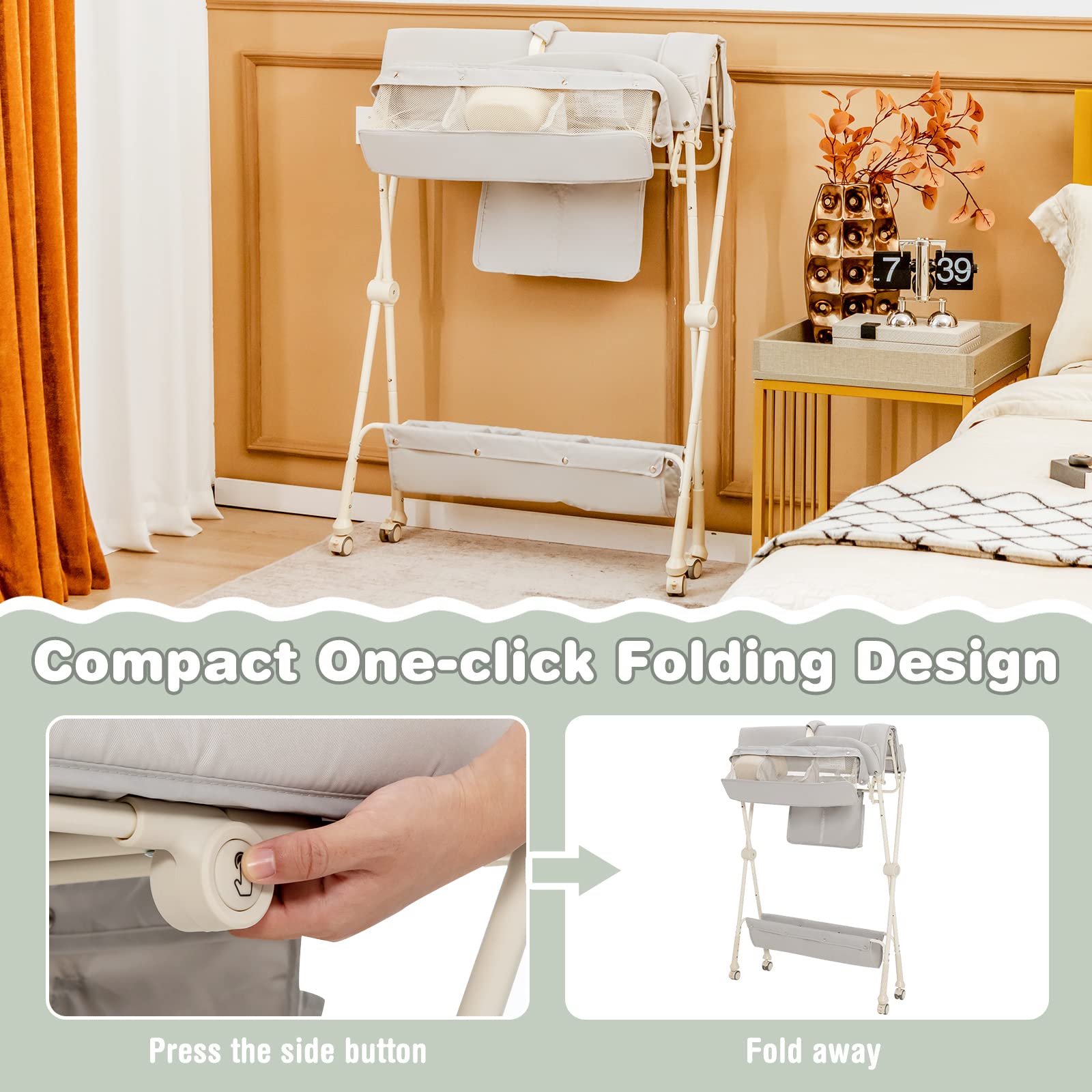 BABY JOY Portable Baby Changing Table, Foldable Diaper Changing Station w/Wheels, Adjustable Height, Large Storage Rack, Water Basin, Safety Belt, Mobile Nursery Organizer for Newborn Infant (Gray)