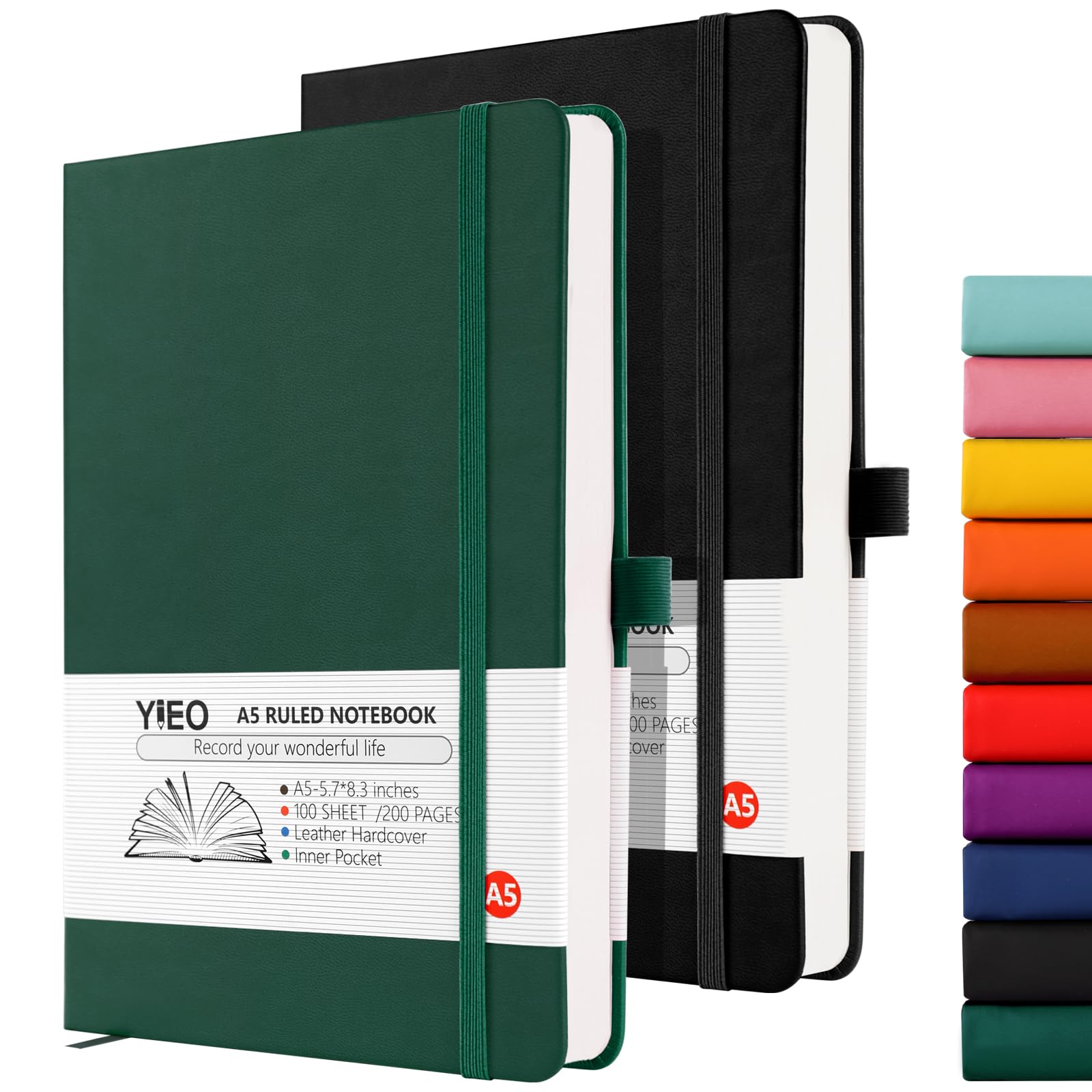 YIEO Notebook A5, 2 Pack Hardback Journal Notebook with 398 Lined Pages 80 GSM Leather Notepad with Bookmark, Pen Loop and Expandable Paper Pocket, for Office School Supplies (Black+Green)