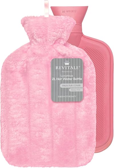 Revitale Luxury 2 Litre Hot Water Bottle with Soft Faux Fur Cover Baby Pink